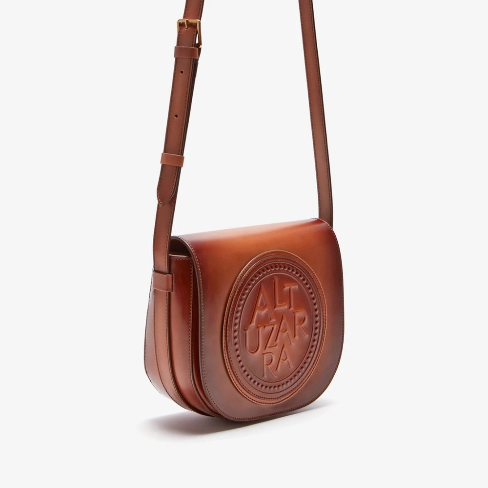 Altuzzara Medallion Saddle Shoulder Crossbody Bag Leather Embossed Brushed - Picture 16 of 16
